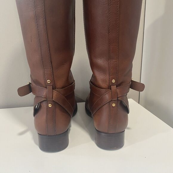 TORY BURCH BRITA Brown Leather Riding Boots 7.5 Gold Logo Tall Knee High Womens - Picture 10 of 16